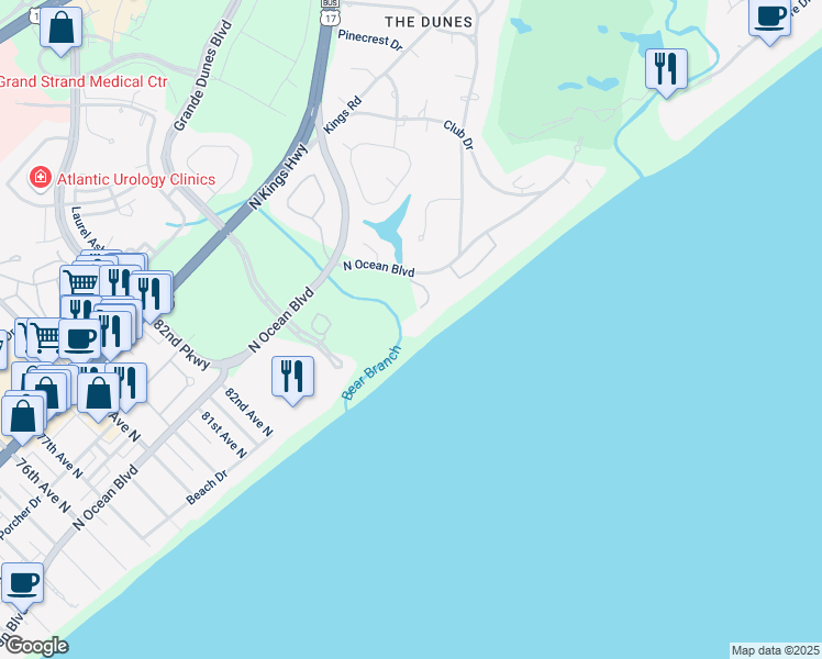 map of restaurants, bars, coffee shops, grocery stores, and more near 122 Vista del Mar Lane in Myrtle Beach