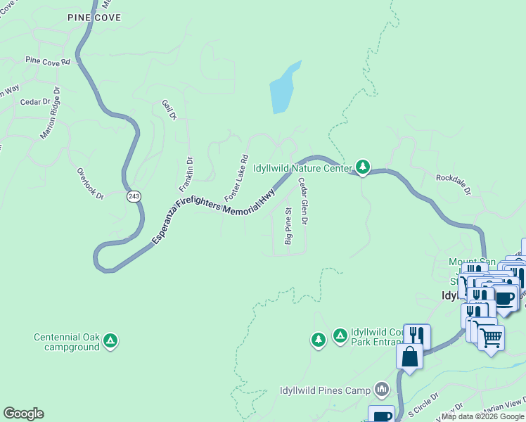 map of restaurants, bars, coffee shops, grocery stores, and more near 53620 Jeffery Pine Road in Idyllwild-Pine Cove
