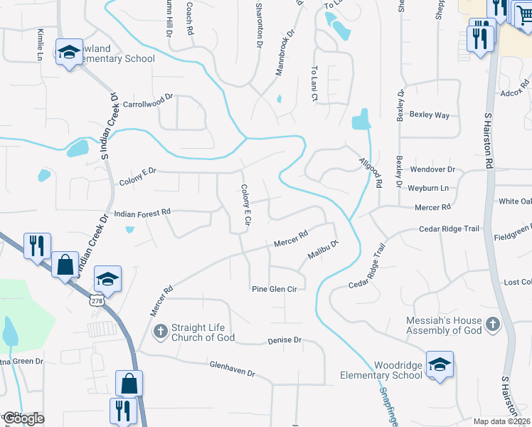 map of restaurants, bars, coffee shops, grocery stores, and more near 1436 High Meadow Drive in Stone Mountain