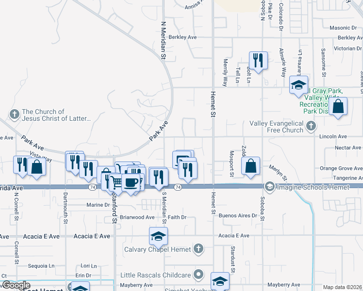 map of restaurants, bars, coffee shops, grocery stores, and more near 271 Glenmont Court in Hemet