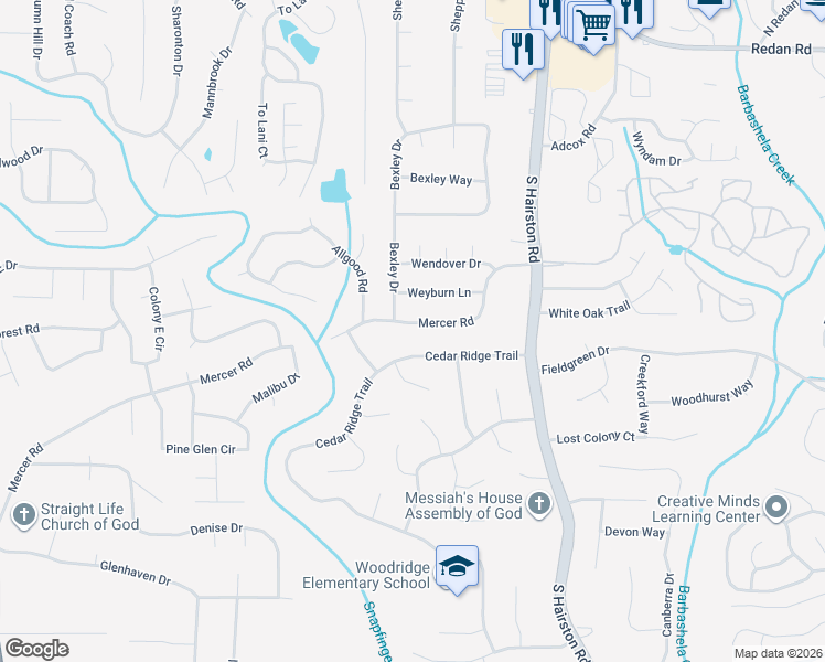 map of restaurants, bars, coffee shops, grocery stores, and more near 4299 Bexley Drive in Stone Mountain