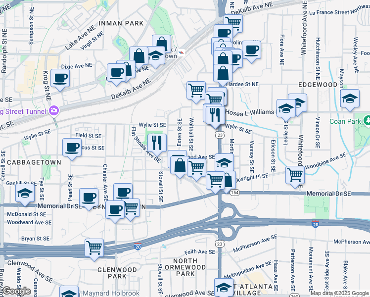 map of restaurants, bars, coffee shops, grocery stores, and more near 84 Esten Street Southeast in Atlanta