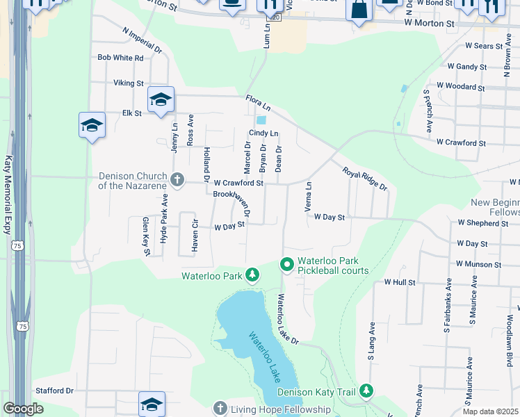 map of restaurants, bars, coffee shops, grocery stores, and more near 604 Edwards Drive in Denison