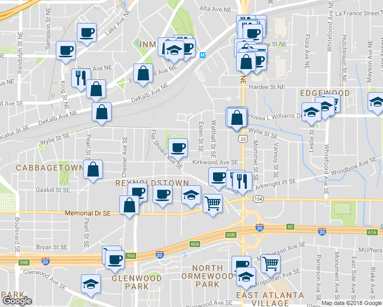 map of restaurants, bars, coffee shops, grocery stores, and more near 1023 Manigault Street Southeast in Atlanta
