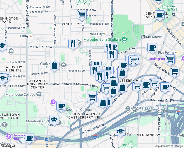 map of restaurants, bars, coffee shops, grocery stores, and more near 118 Walnut Street Southwest in Atlanta