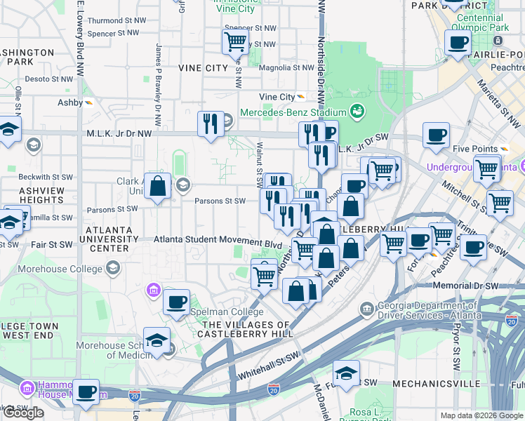 map of restaurants, bars, coffee shops, grocery stores, and more near 118 Walnut Street Southwest in Atlanta