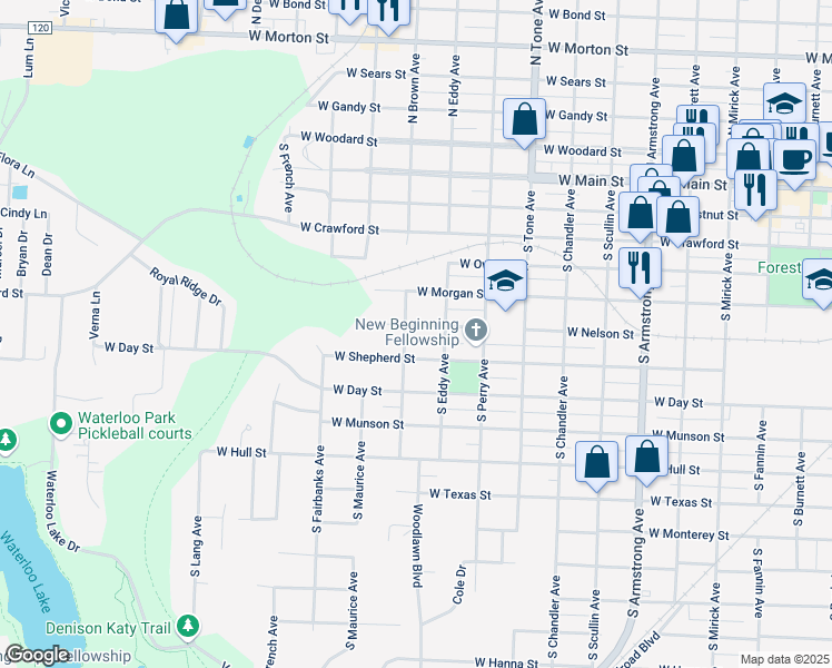 map of restaurants, bars, coffee shops, grocery stores, and more near 1319 West Nelson Street in Denison
