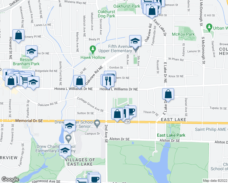 map of restaurants, bars, coffee shops, grocery stores, and more near 2395 Hosea L Williams Drive Southeast in Atlanta