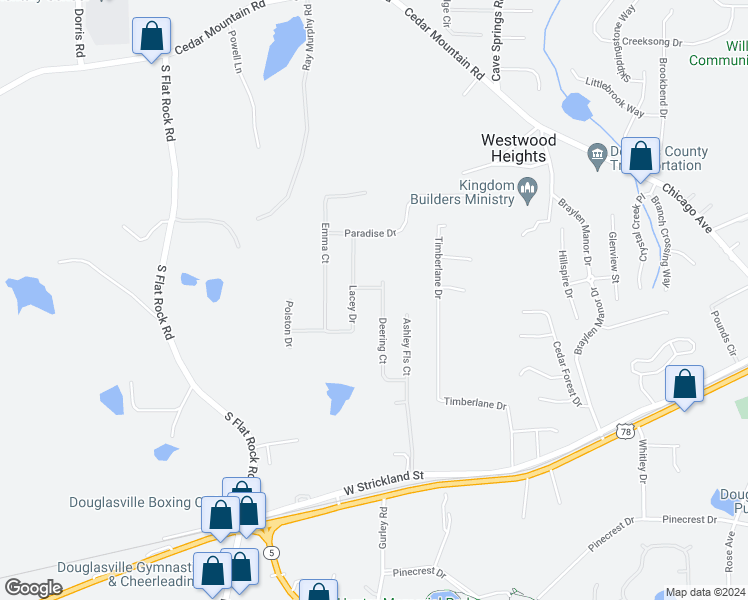 map of restaurants, bars, coffee shops, grocery stores, and more near 7248 Deering in Douglasville