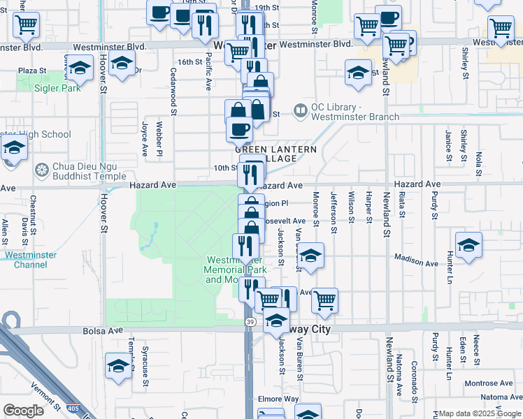 map of restaurants, bars, coffee shops, grocery stores, and more near 14542 Beach Boulevard in Westminster