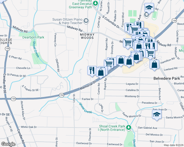 map of restaurants, bars, coffee shops, grocery stores, and more near 1436 Thomas Road in Decatur