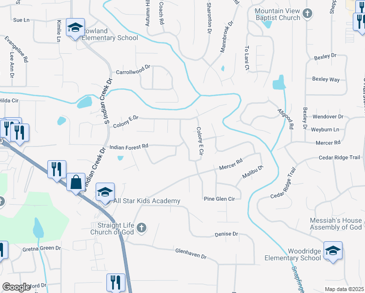 map of restaurants, bars, coffee shops, grocery stores, and more near 4363 Indian Forest Road in Stone Mountain