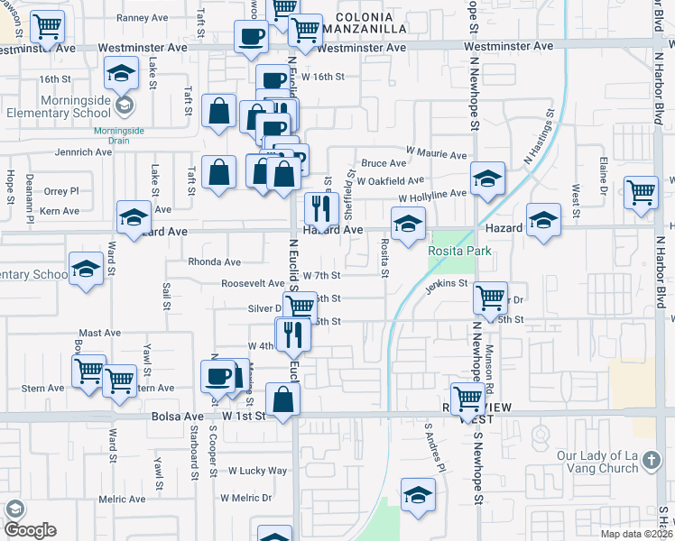 map of restaurants, bars, coffee shops, grocery stores, and more near 5009 West 7th Street in Santa Ana