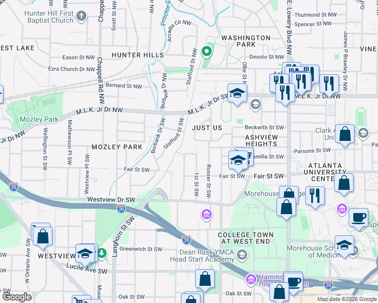 map of restaurants, bars, coffee shops, grocery stores, and more near 1162 Fountain Drive Southwest in Atlanta