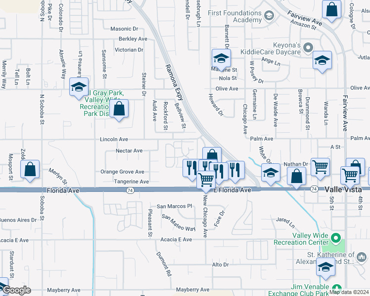 map of restaurants, bars, coffee shops, grocery stores, and more near 43211 Babcock Avenue in Hemet