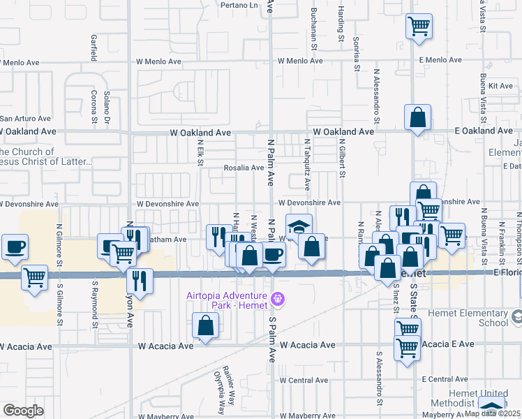 map of restaurants, bars, coffee shops, grocery stores, and more near 310 North Palm Avenue in Hemet