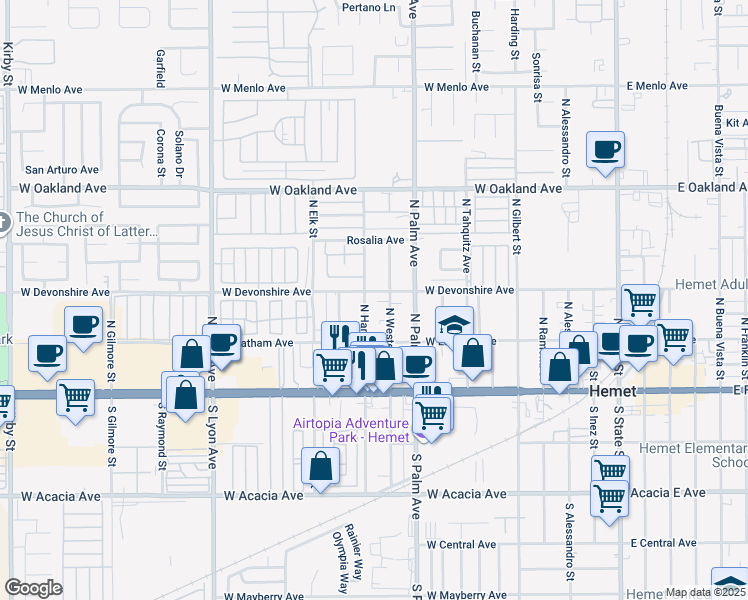 map of restaurants, bars, coffee shops, grocery stores, and more near 1018 West Devonshire Avenue in Hemet