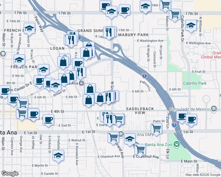 map of restaurants, bars, coffee shops, grocery stores, and more near 714 North Grand Avenue in Santa Ana