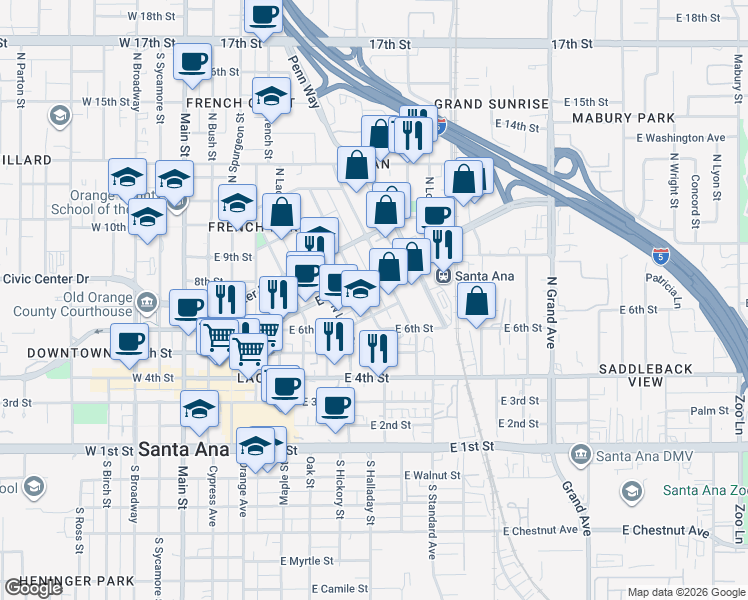 map of restaurants, bars, coffee shops, grocery stores, and more near 812 East Santa Ana Boulevard in Santa Ana