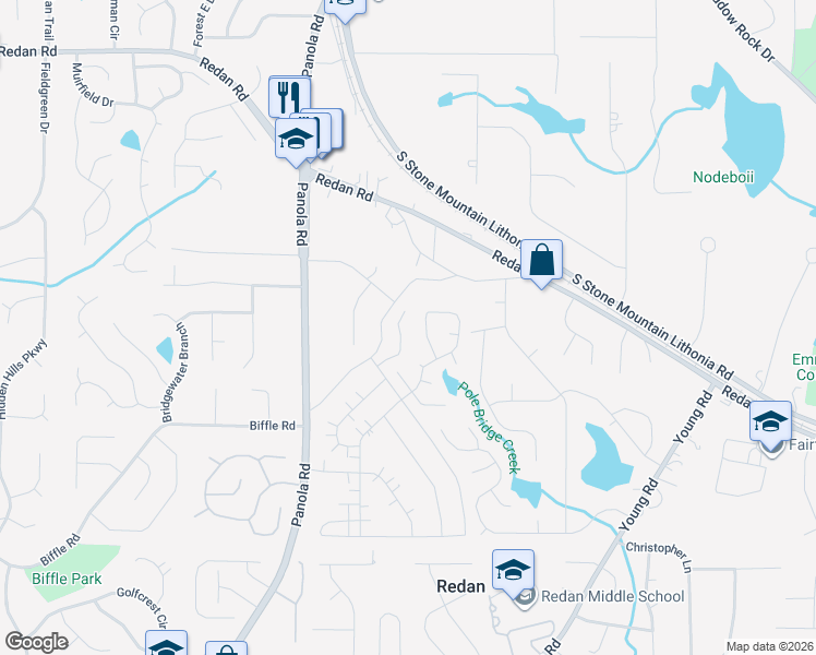 map of restaurants, bars, coffee shops, grocery stores, and more near 5541 Mountain Springs Circle in Stone Mountain