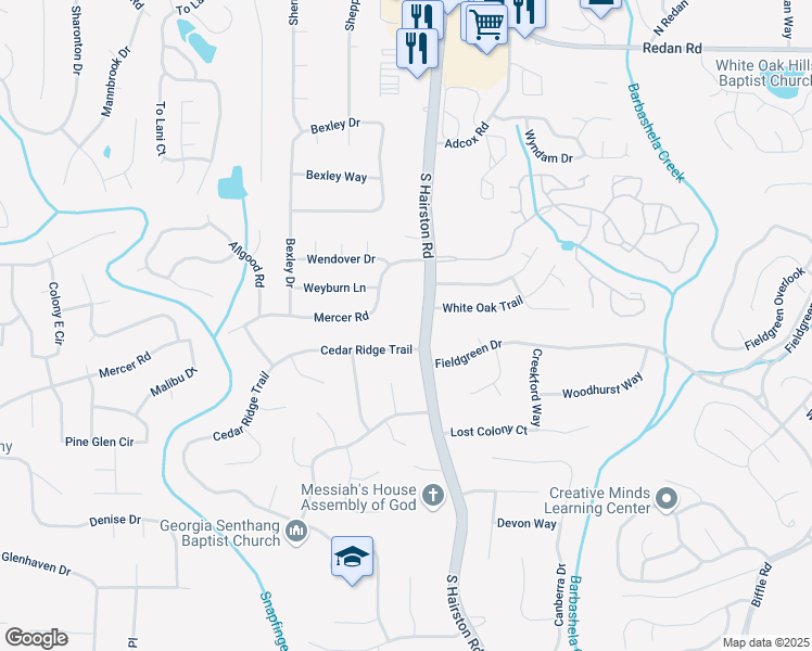 map of restaurants, bars, coffee shops, grocery stores, and more near 1491 South Hairston Road in Stone Mountain