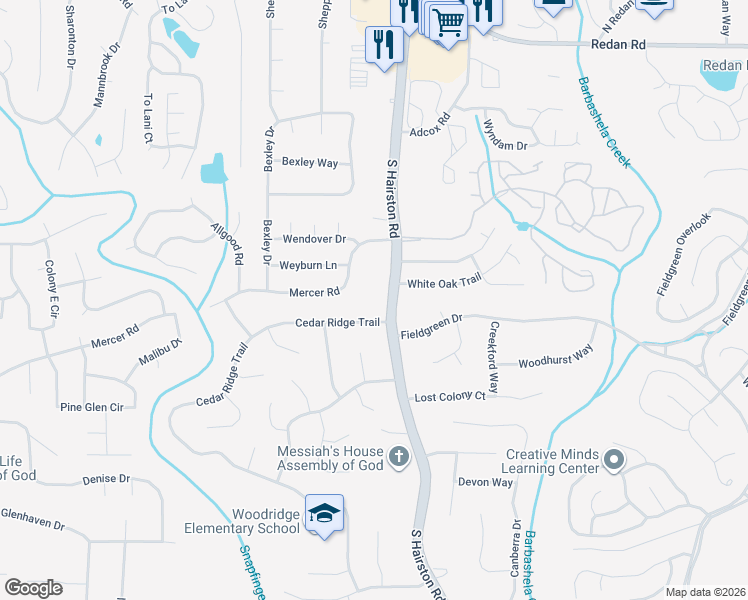 map of restaurants, bars, coffee shops, grocery stores, and more near 1475 South Hairston Road in Stone Mountain