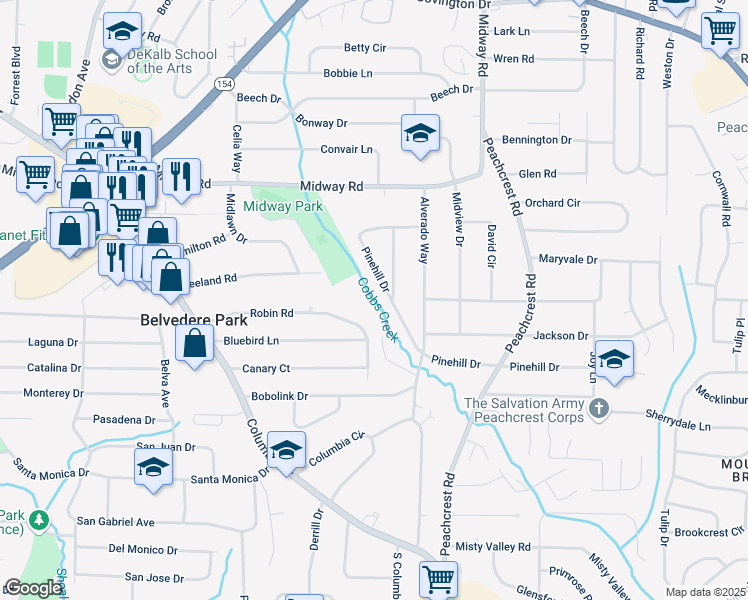 map of restaurants, bars, coffee shops, grocery stores, and more near 3231 Pinehill Drive in Decatur