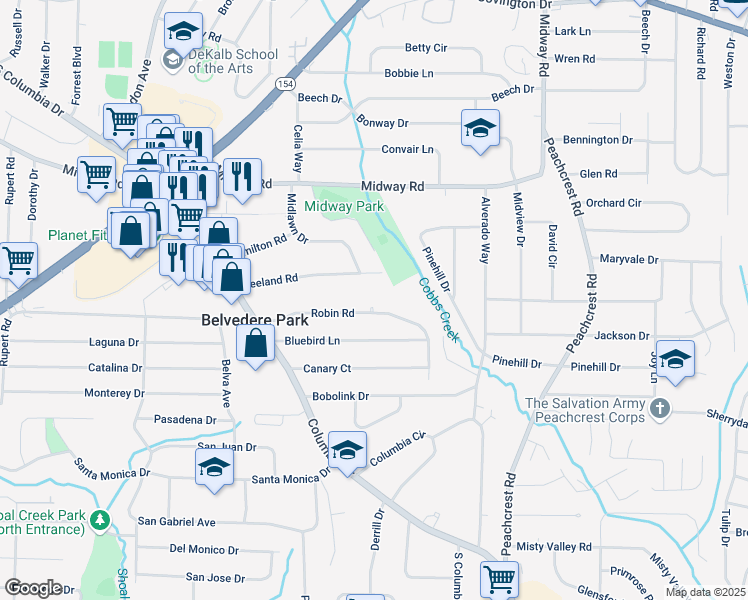 map of restaurants, bars, coffee shops, grocery stores, and more near 3204 Robin Road in Decatur