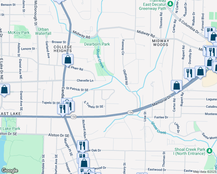 map of restaurants, bars, coffee shops, grocery stores, and more near 2554 Saint Patrick Street Southeast in Atlanta