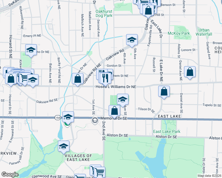 map of restaurants, bars, coffee shops, grocery stores, and more near 2395 Hosea L Williams Drive Southeast in Atlanta