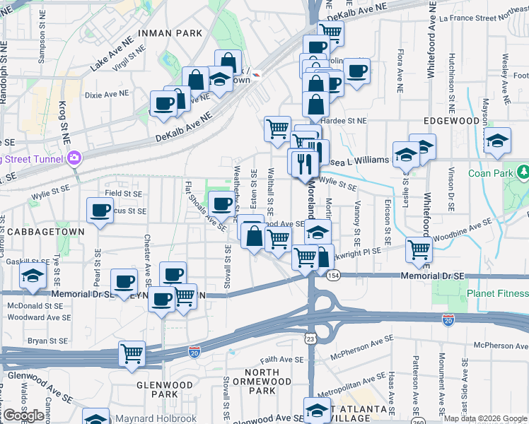 map of restaurants, bars, coffee shops, grocery stores, and more near 84 Esten Street Southeast in Atlanta
