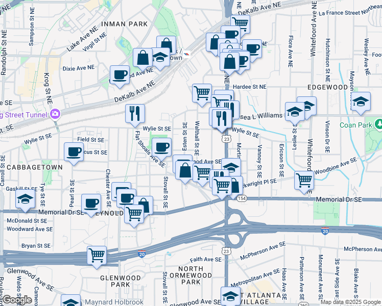 map of restaurants, bars, coffee shops, grocery stores, and more near 84 Esten Street Southeast in Atlanta