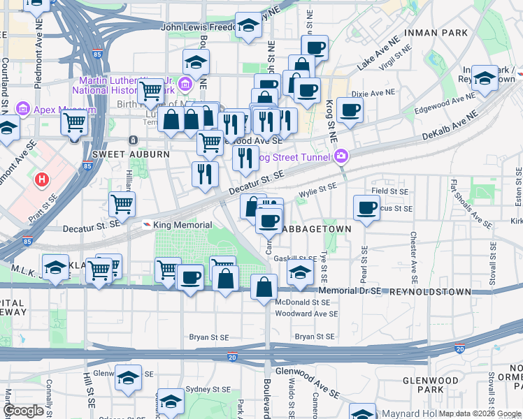 map of restaurants, bars, coffee shops, grocery stores, and more near 554 Decatur Street Southeast in Atlanta