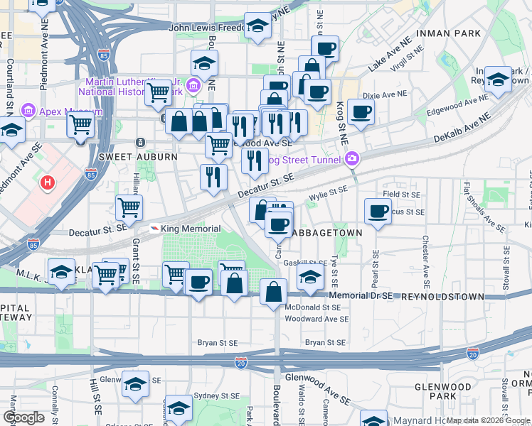 map of restaurants, bars, coffee shops, grocery stores, and more near in Atlanta