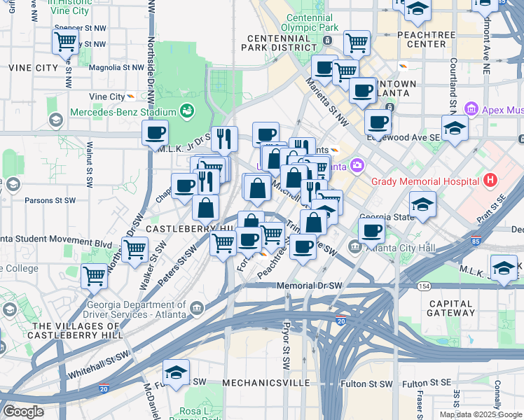 map of restaurants, bars, coffee shops, grocery stores, and more near 251 Trinity Avenue Southwest in Atlanta