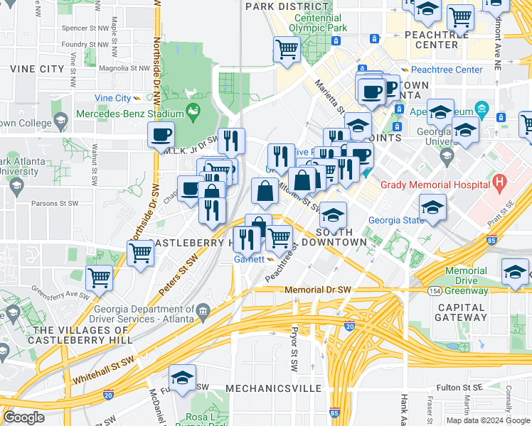 map of restaurants, bars, coffee shops, grocery stores, and more near 114-108 Ted Turner Drive Southwest in Atlanta
