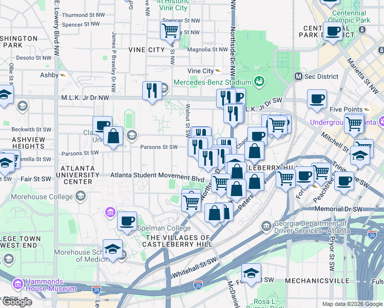 map of restaurants, bars, coffee shops, grocery stores, and more near 118 Walnut Street Southwest in Atlanta