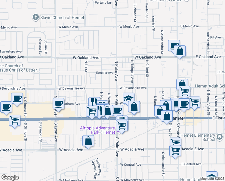 map of restaurants, bars, coffee shops, grocery stores, and more near 310 North Palm Avenue in Hemet