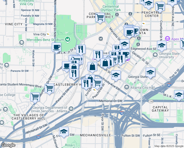 map of restaurants, bars, coffee shops, grocery stores, and more near 114-108 Ted Turner Drive Southwest in Atlanta