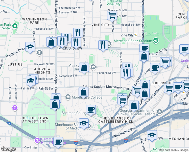 map of restaurants, bars, coffee shops, grocery stores, and more near 130 Lawshe Street Southwest in Atlanta