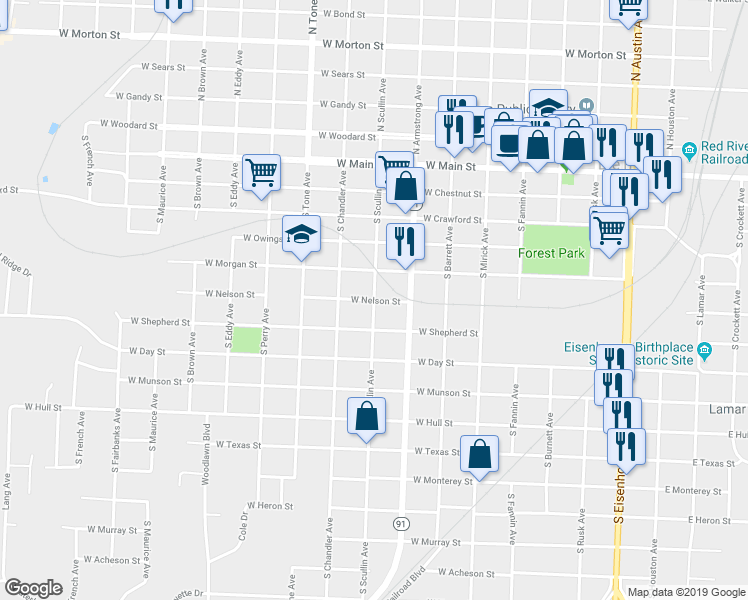 map of restaurants, bars, coffee shops, grocery stores, and more near 900 West Nelson Street in Denison