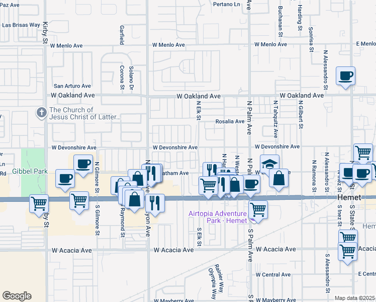 map of restaurants, bars, coffee shops, grocery stores, and more near 260 North Lyon Avenue in Hemet