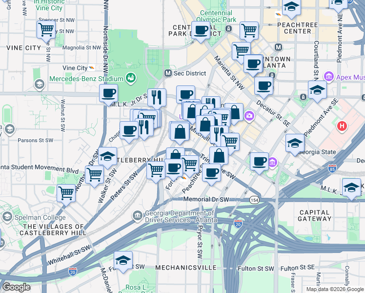 map of restaurants, bars, coffee shops, grocery stores, and more near 114-108 Ted Turner Drive Southwest in Atlanta