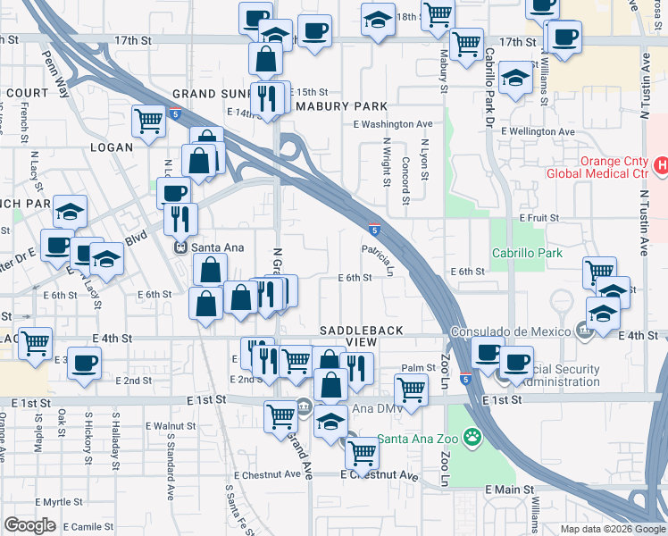 map of restaurants, bars, coffee shops, grocery stores, and more near 630 North Linwood Avenue in Santa Ana