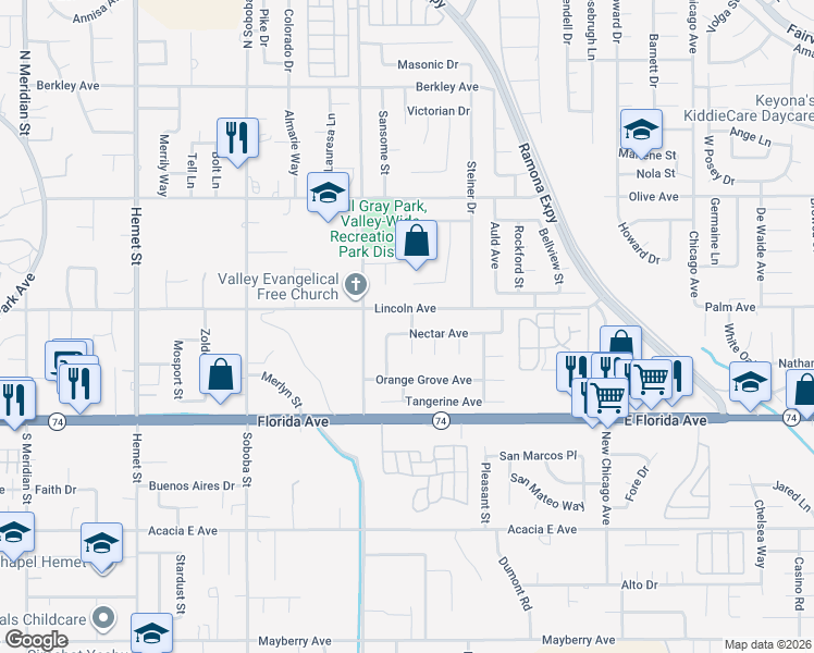 map of restaurants, bars, coffee shops, grocery stores, and more near 5476 Nectar Avenue in Hemet