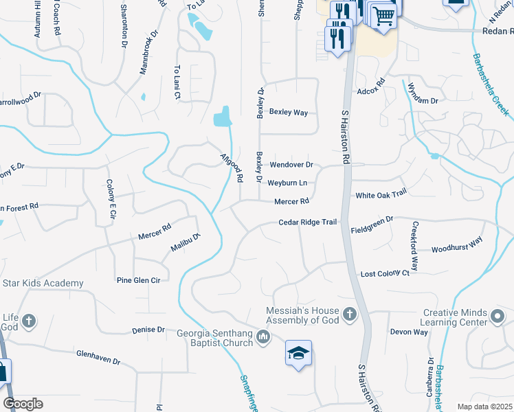map of restaurants, bars, coffee shops, grocery stores, and more near 4587 Mercer Road in Stone Mountain