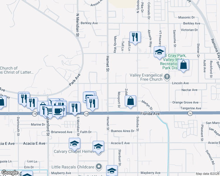 map of restaurants, bars, coffee shops, grocery stores, and more near 274 North Hemet Street in Hemet