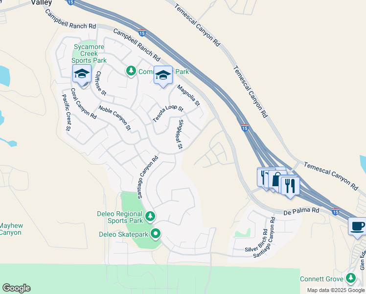 map of restaurants, bars, coffee shops, grocery stores, and more near 25418 Singleleaf Street in Corona