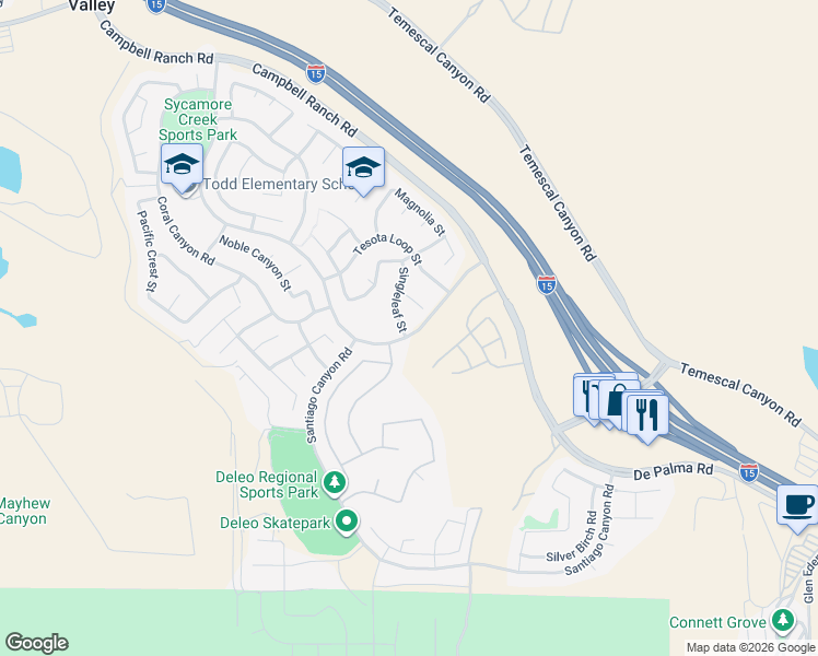 map of restaurants, bars, coffee shops, grocery stores, and more near 25418 Singleleaf Street in Corona
