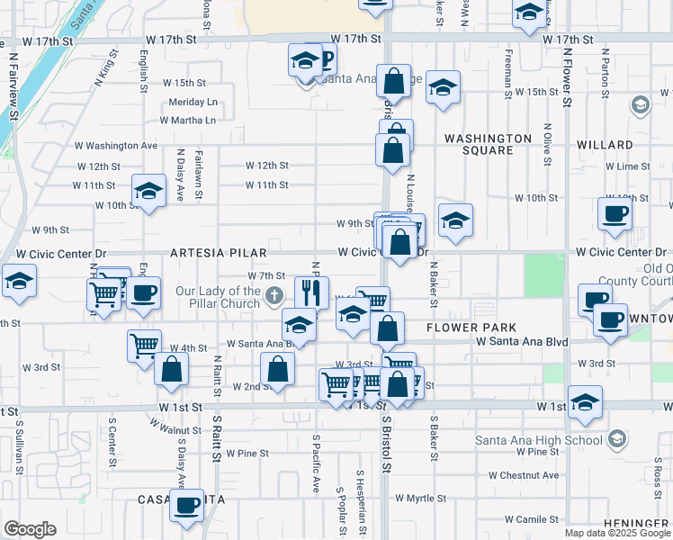 map of restaurants, bars, coffee shops, grocery stores, and more near 1411 West 7th Street in Santa Ana